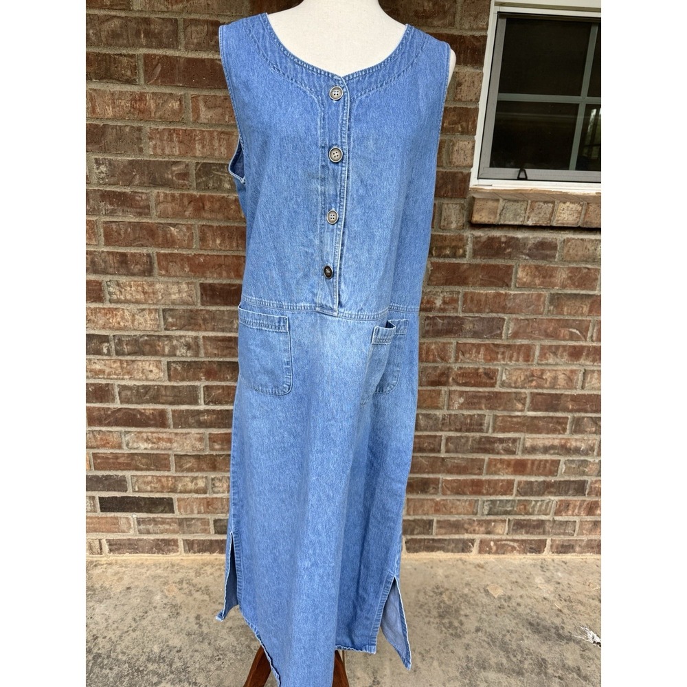 VTG Denim Jean Dress Overall Jumper Maxi Pockets Grunge Cottagecore Large FLAWS